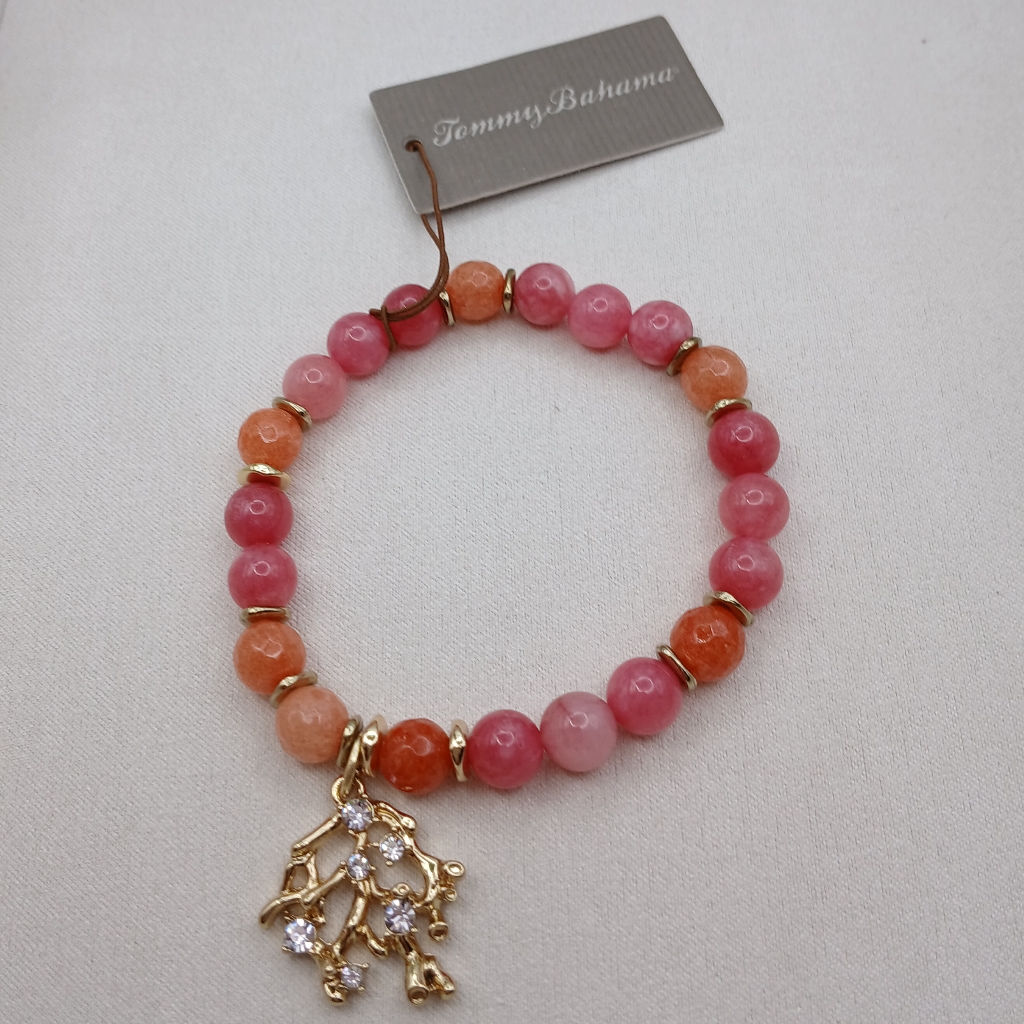 Tommy Bahama Gold Coral Pink And Orange Beaded Bracelet With Charms Nwt 30$